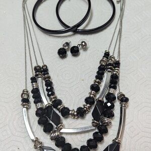 Vintage Multiple Strand Faceted Black Lucite Necklace Earrings Bracelets Set